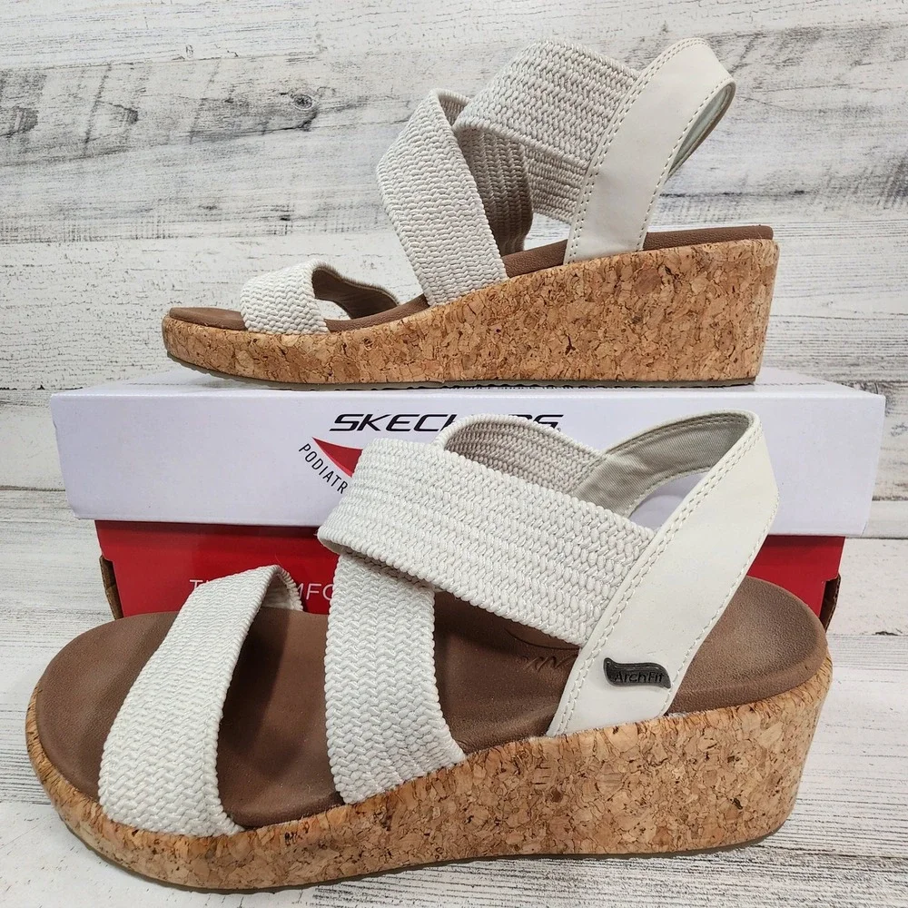 Skechers Arch Fit Beverlee Love Stays Women 7 White Cork Wedge Sandal